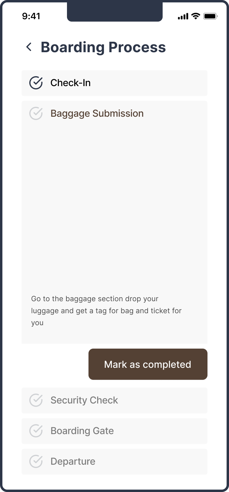 EaseAirport boarding process screen showing progressive checklist with baggage submission step active