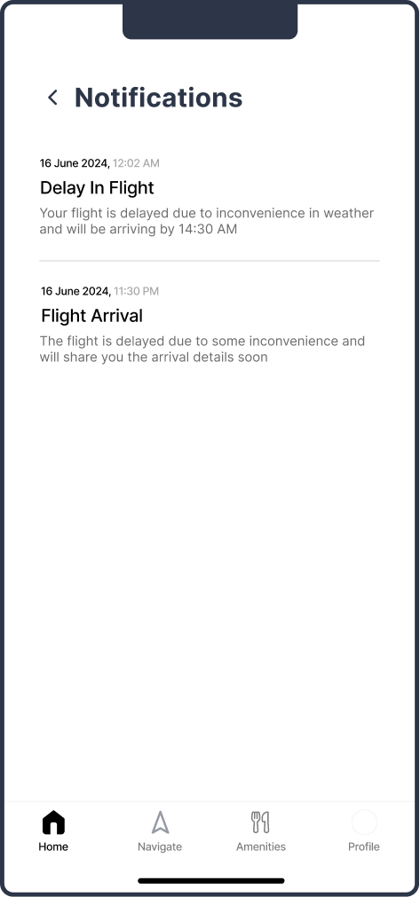 EaseAirport flight delay notification screen with updated arrival details