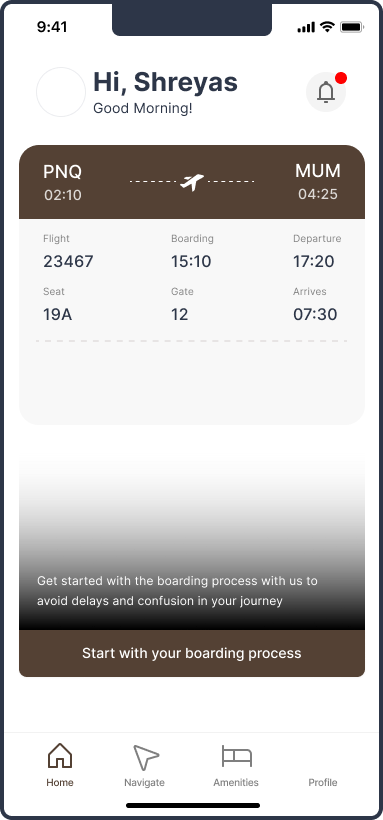 EaseAirport home screen with flight details for Shreyas