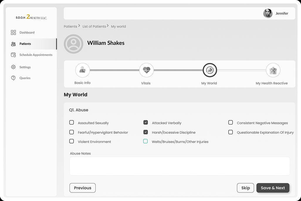 SDOH My World assessment form wireframe