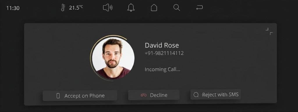 Incoming call screen with Accept on Phone action on infotainment display